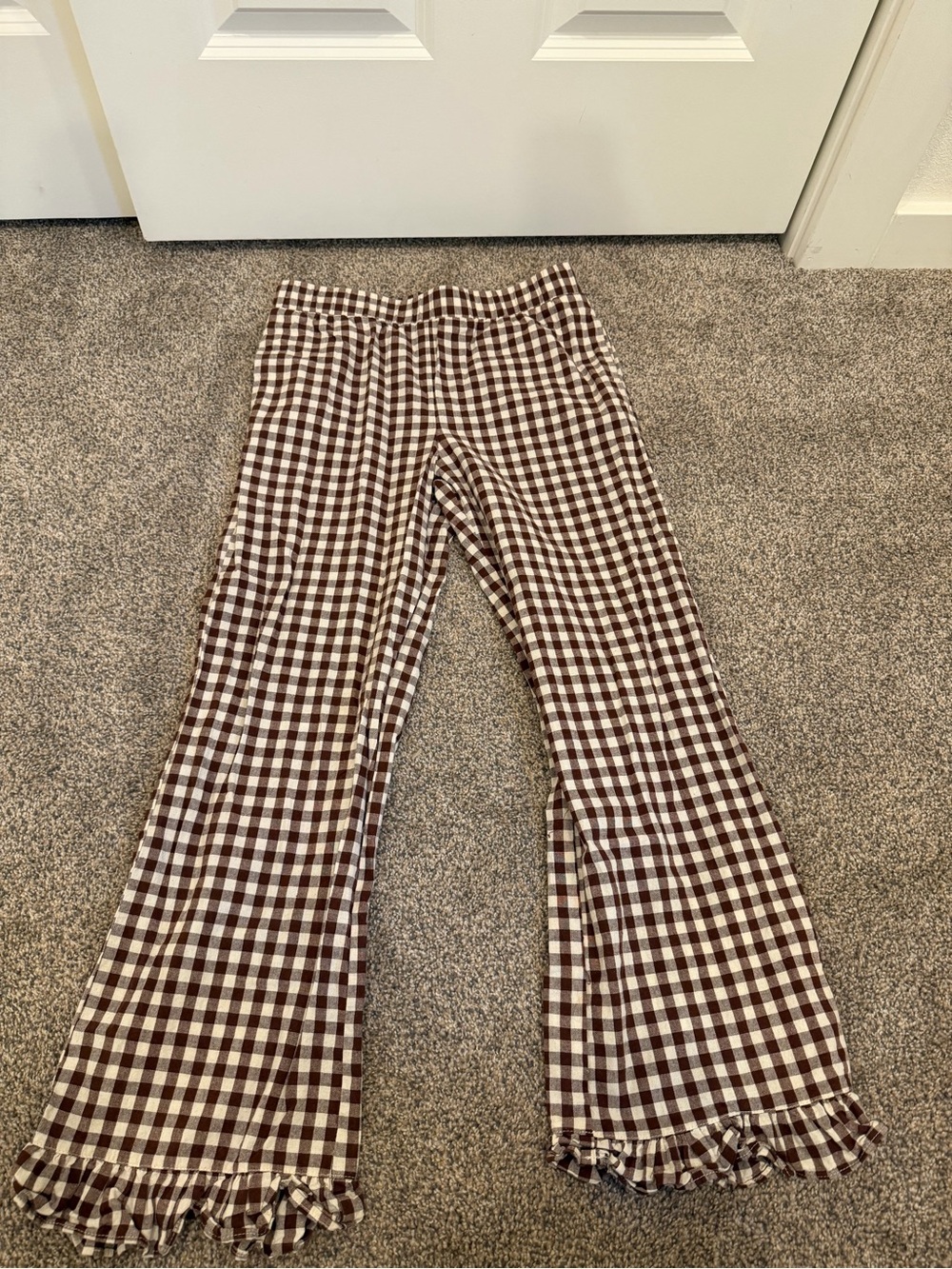 Called to Surf (Things Between) Brown and White Gingham Ruffle Hem Flared Pants